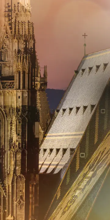 Imagen estilizada de la Catedral de San Esteban en Viena, con detalles del techo y la torre.