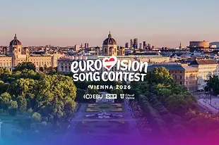 View across the Volksgarten with the “Eurovision Song Contest” lettering and the logos of EBU, ORF, and the City of Vienna