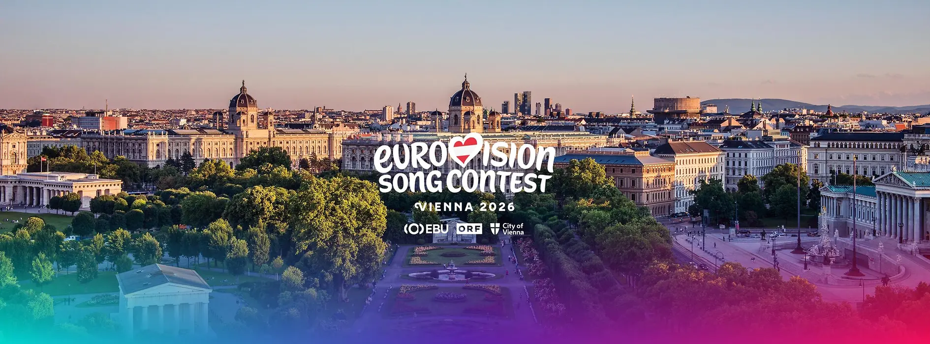 View across the Volksgarten with the “Eurovision Song Contest” lettering and the logos of EBU, ORF, and the City of Vienna