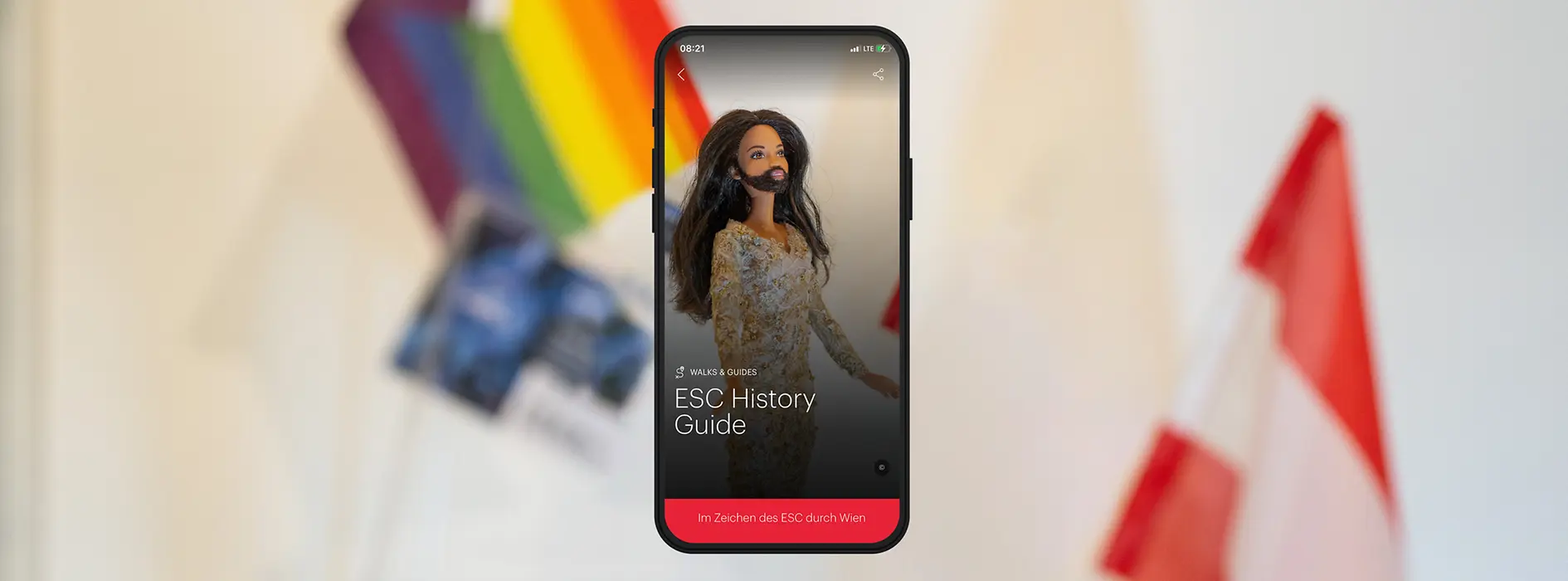Sujet mit Conchita Wurst Puppe mit Text: ESC History Guide