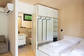 Tiny house interior design featuring a bathroom and a combined bedroom/living area
