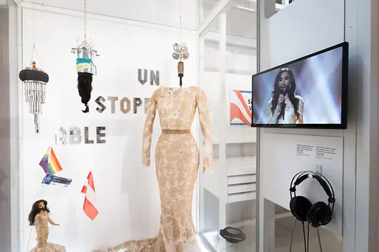 Exhibition featuring items related to Conchita Wurst’s Eurovision Song Contest at the Haus der Geschichte