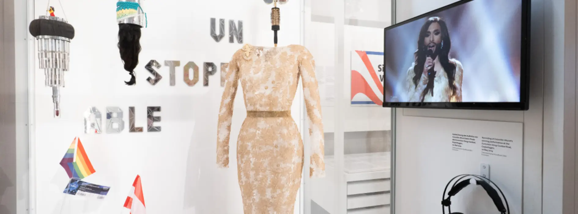 Exhibition featuring items related to Conchita Wurst’s Eurovision Song Contest at the Haus der Geschichte