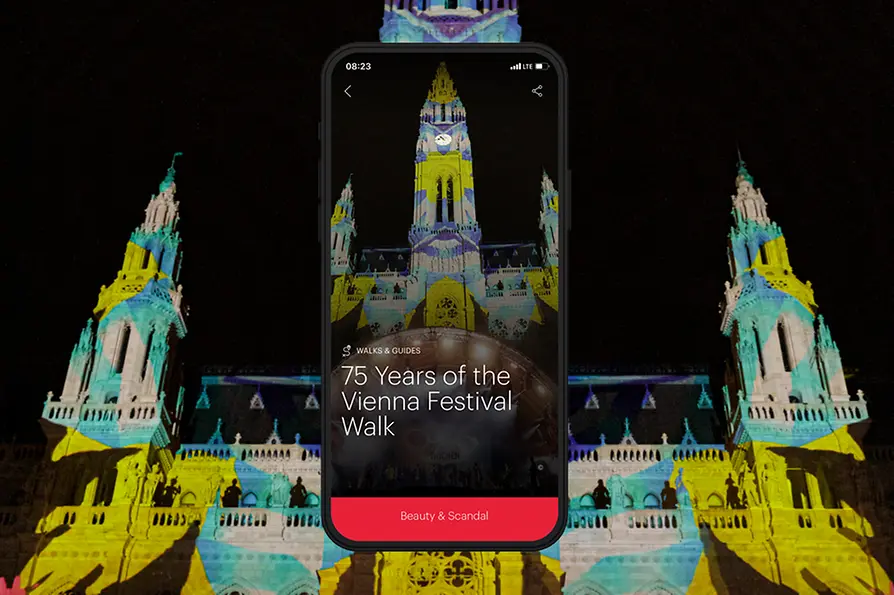 Sujet with text: 75 Years of the Vienna Festival Walk