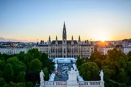 View over the town hall, sunset in the background