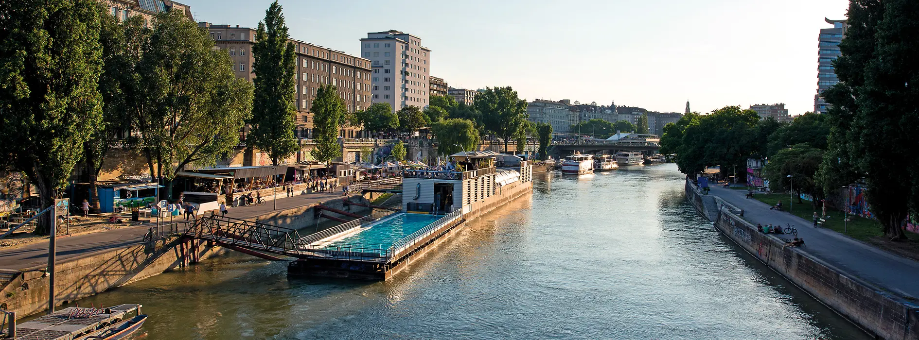 Badeschiff on the Danube Canal in sunshine