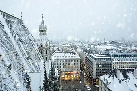 Man sieht die Dächer der Wiener Innenstadt und den Stephansdom bei Schneefall