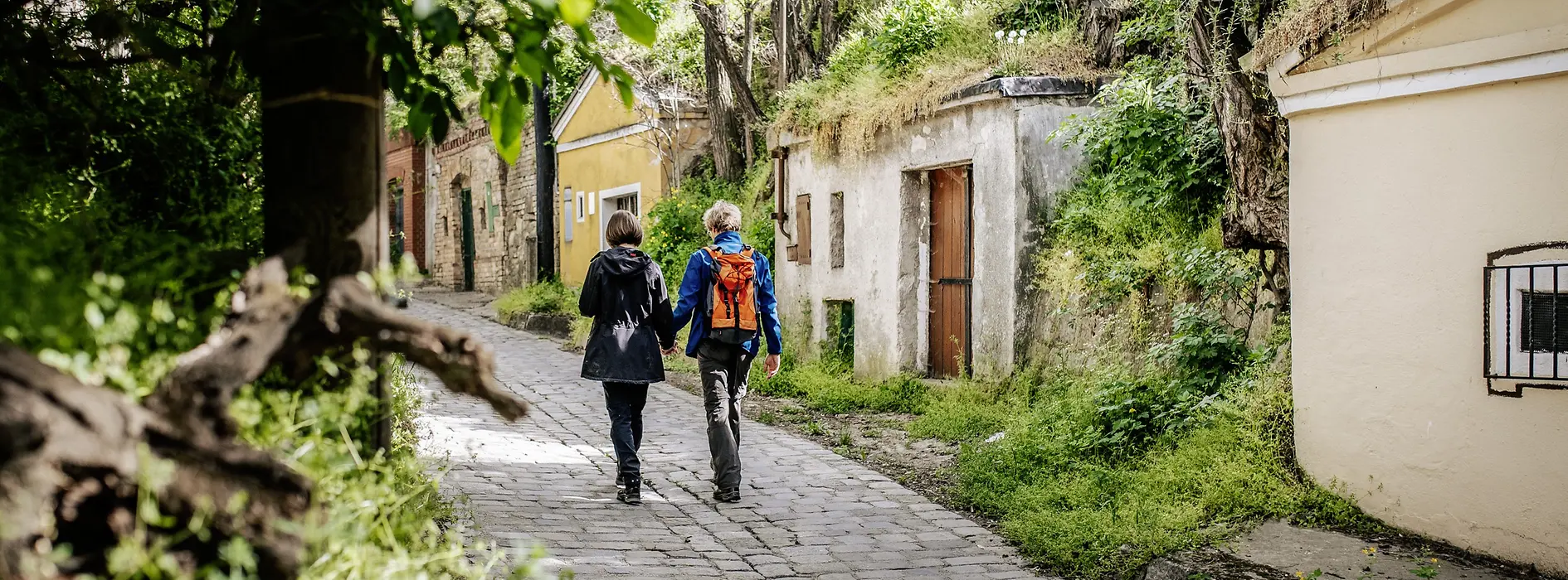 Dwie kobiety przechodzą obok piwnic z winami
