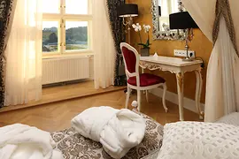 View from a window looking at Schönbrunn Palace park and the Gloriette