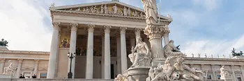 Parliament, exterior shot with the Pallas Athena fountain in the foreground 