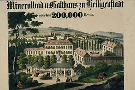 Plakát: Mineralbad u. Gasthaus zu Heiligenstadt / oder bar 200.000 fl.w.w. (Heiligenstadti gyógyfürdő és vendégfogadó, vagy bar 200.000 fl.w.w.) felirattal, 1843
