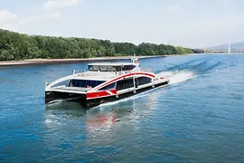 A Twin City Liner nagysebességű katamarán a Dunán hajózik, háttérben az ártéri erdővel.