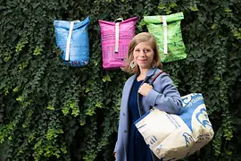 Refished upcycling, woman with shoulder bag