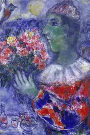 Painting by Marc Chagall, Le Clown au Bouquet, 1970-1974