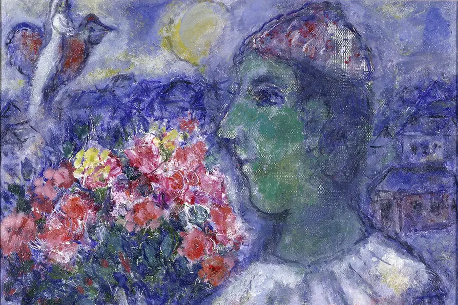 Painting by Marc Chagall, Le Clown au Bouquet, 1970-1974
