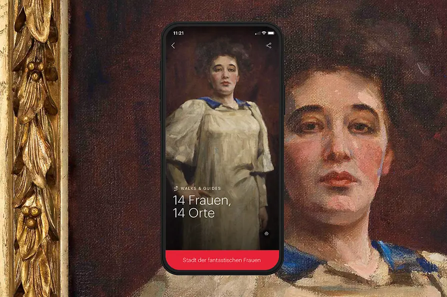 ivie Sujet mit Selbstportrait der Künstlerin Teresa Feodorowna Ries. Text: 14 Frauen 14 Orte