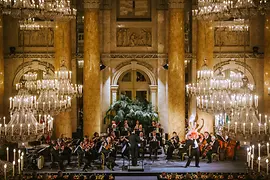 A Bécsi Hofburg Zenekar a Hofburg ceremóniatermében játszik, a háttérben márványoszlopok és pálmafák, hatalmas kerek csillárok világítják meg a termet. 