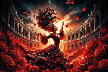 English (US) Drawing of the opera character Carmen in a dress made of roses.