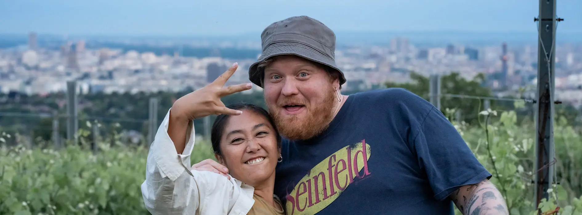 Chef Lukas Mraz with sommelier Jessica Tan in the Vienna vineyards